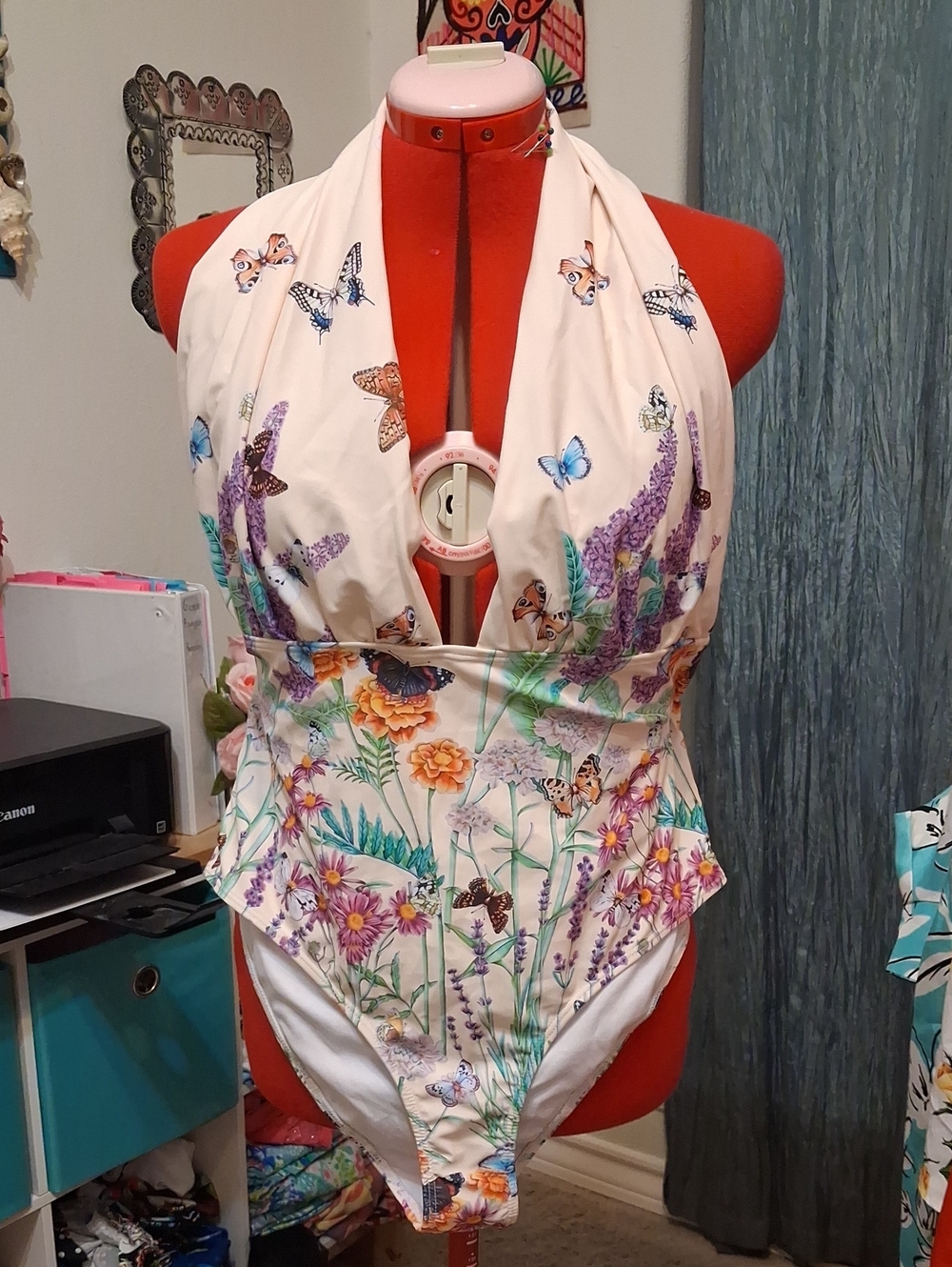 Butterfly Garden Halter One-Piece Swimsuit - Cream
